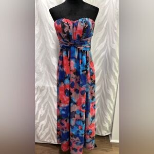 Strapless Floral Watercolor Maxi Dress in Red & Blue